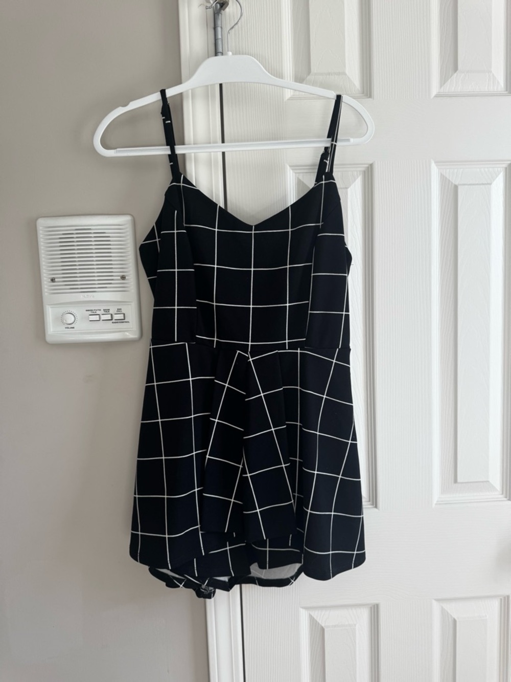 Black Grid Print Spaghetti Strap Romper Skirt